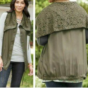 Matilda Jane Olive Green "Ambitious You" Vest Crochet Lace Collar Womens Size S